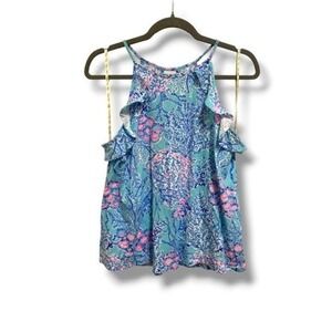 Lilly Pulitzer Billie Tank Top Ibiza Now You See Me Halter Ruffle M